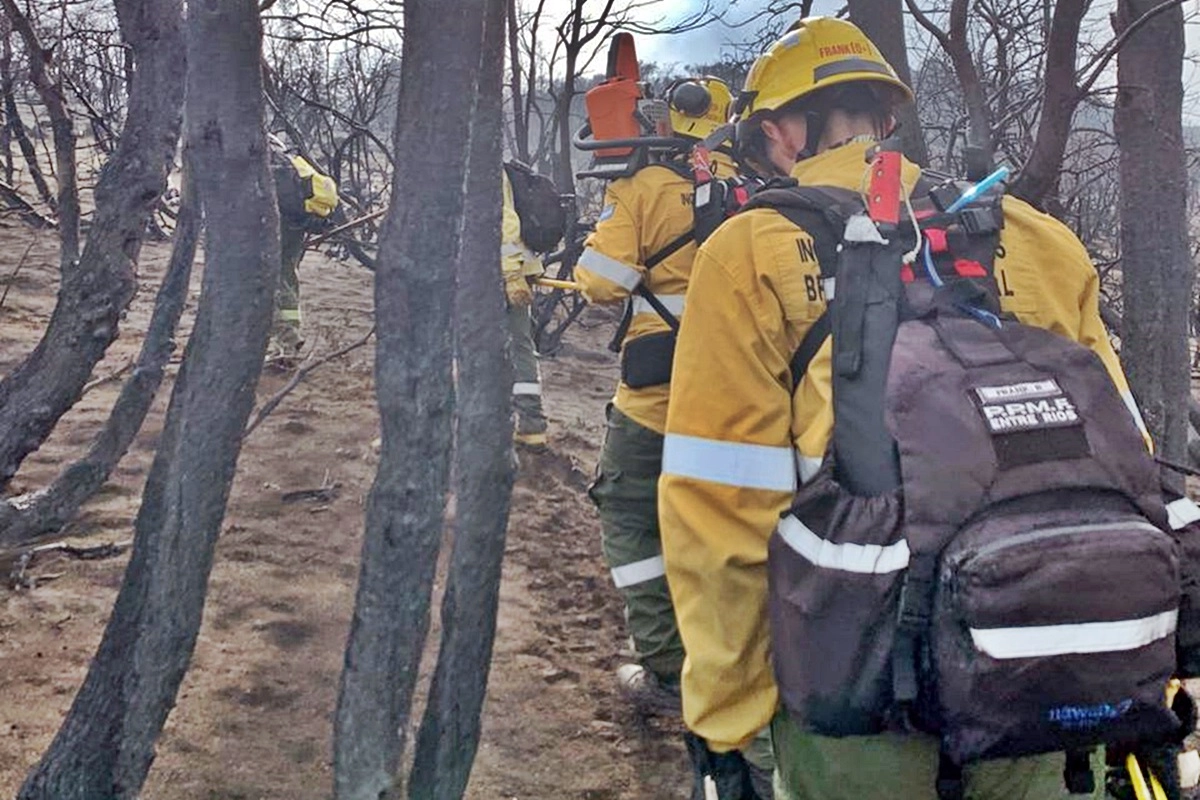 Los brigadistas entrerrianos en pleno combate contra el fuego en el sur.