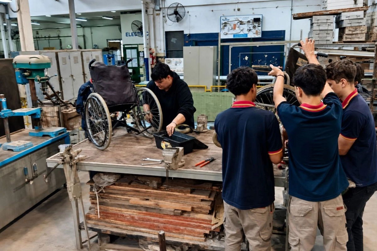 Los estudiantes se encargan de restaurar las sillas de rueda.