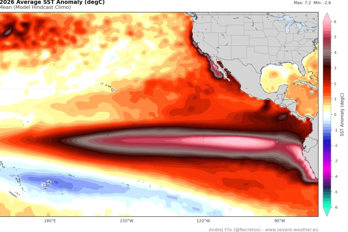 Imagen que muestra el calentamiento de las aguas superficiales del Pac&iacute;fico tropical.